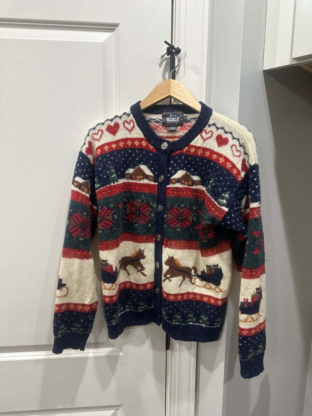 Woolrich Vintage Festive Winter Sleigh Horse Cardigan Sweater‎ Size S